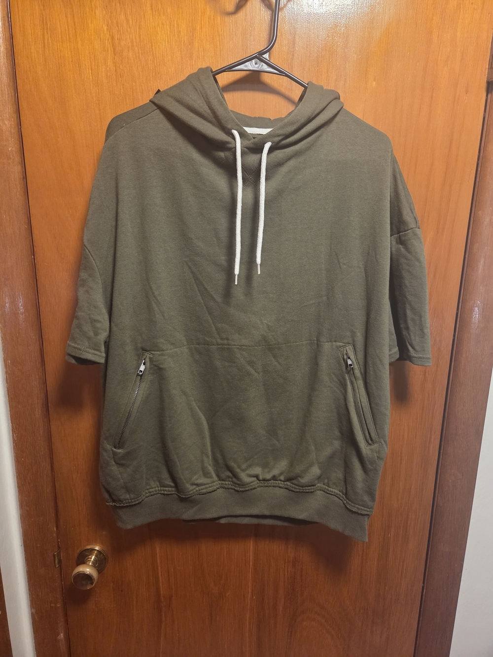 Womens Carbon Olive Green Short-Sleeve Crewneck Hoodie